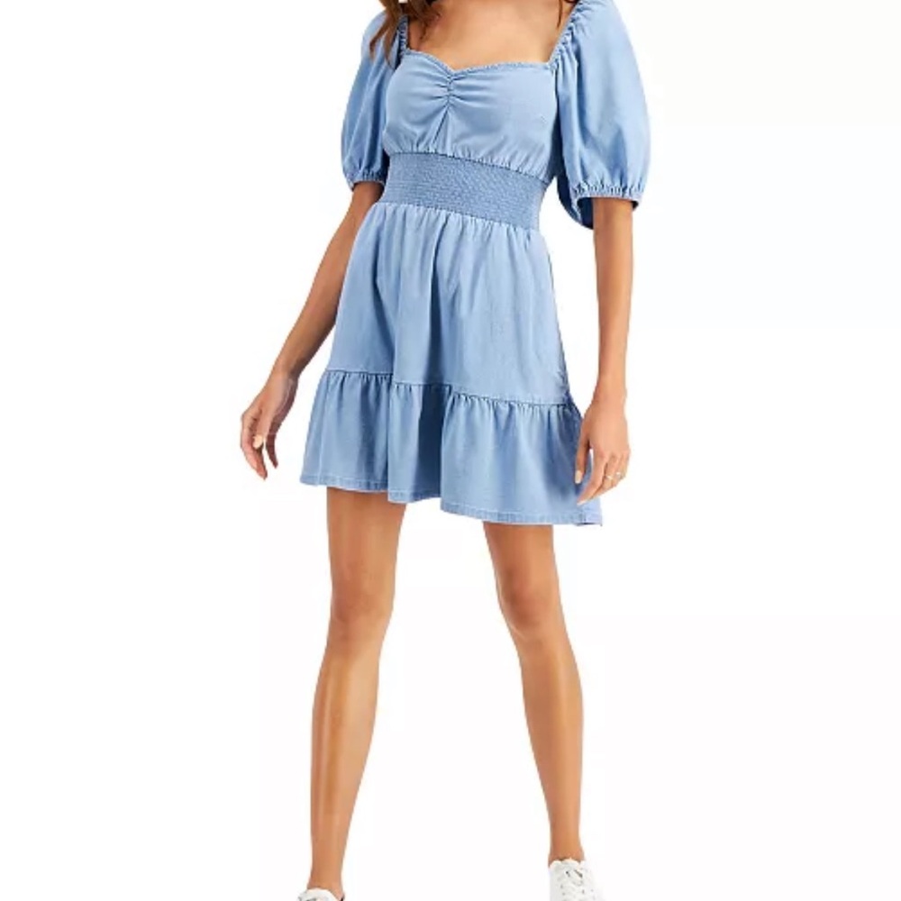 Bar III Chambray Ruffled Smocked-Waist Denim Mini Dress